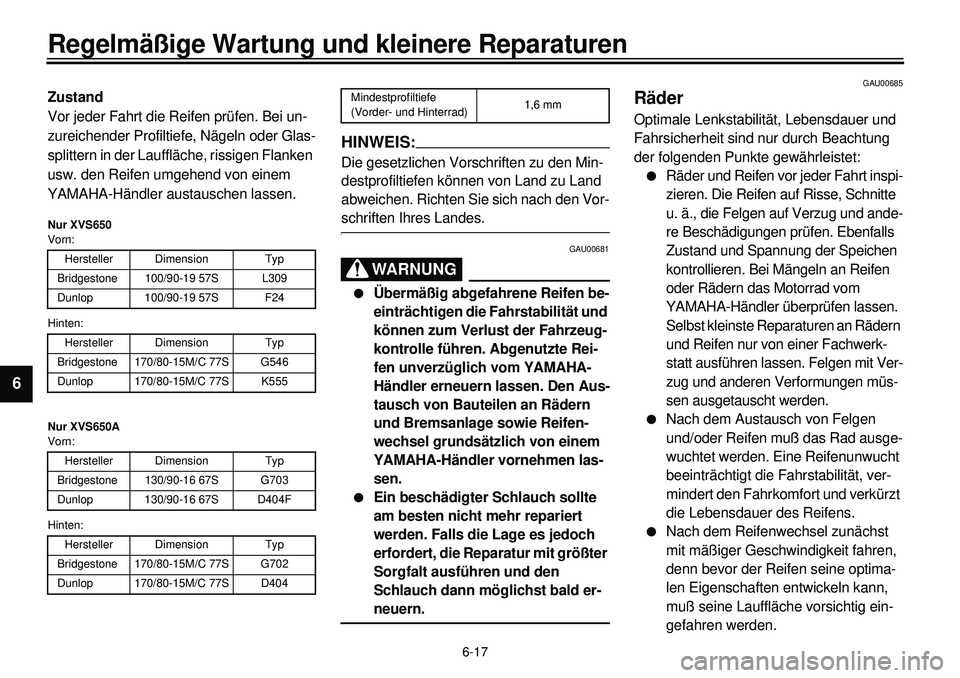 YAMAHA XVS650 2000 Betriebsanleitungen (in German) 6-17
Regelmäßige Wartung und kleinere Reparaturen
1
2
3
4
56
7
8
9
Zustand
Vor jeder Fahrt die Reifen prüfen. Bei un-
zureichender Profiltiefe, Nägeln oder Glas-
splittern in der Lauffläche, riss YAMAHA XVS650 2000 Betriebsanleitungen (in German) 6-17
Regelmäßige Wartung und kleinere Reparaturen
1
2
3
4
56
7
8
9
Zustand
Vor jeder Fahrt die Reifen prüfen. Bei un-
zureichender Profiltiefe, Nägeln oder Glas-
splittern in der Lauffläche, riss