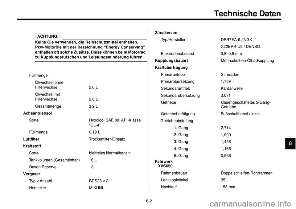 YAMAHA XVS650 2000 Betriebsanleitungen (in German)
8-2
Technische Daten
1
2
3
4
5
6
7
8
9
Füllmenge
Ölwechsel ohne
Filterwechsel 2,6 L
Ölwechsel mit
Filterwechsel 2,8 L
Gesamtmenge 3,2 L
Achsantriebsöl
Sorte Hypoidöl SAE 80, API-Klasse YAMAHA XVS650 2000 Betriebsanleitungen (in German)
8-2
Technische Daten
1
2
3
4
5
6
7
8
9
Füllmenge
Ölwechsel ohne
Filterwechsel 2,6 L
Ölwechsel mit
Filterwechsel 2,8 L
Gesamtmenge 3,2 L
Achsantriebsöl
Sorte Hypoidöl SAE 80, API-Klasse