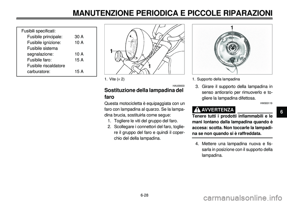 YAMAHA XVS650 2000  Manuale duso (in Italian) 6-28
MANUTENZIONE PERIODICA E PICCOLE RIPARAZIONI
1
2
3
4
56
7
8
9
Fusibili specificati:
Fusibile principale: 30 A
Fusibile ignizione: 10 A
Fusibile sistema 
segnalazione: 10 A
Fusibile faro: 15 A
Fus