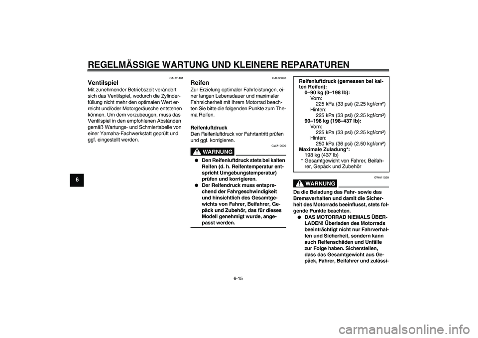 YAMAHA XVS650A 2006 Betriebsanleitungen (in German) REGELMÄSSIGE WARTUNG UND KLEINERE REPARATUREN
6-15
6
GAU21401
Ventilspiel Mit zunehmender Betriebszeit verändert
sich das Ventilspiel, wodurch die Zylinder-
füllung nicht mehr den optimalen Wert e YAMAHA XVS650A 2006 Betriebsanleitungen (in German) REGELMÄSSIGE WARTUNG UND KLEINERE REPARATUREN
6-15
6
GAU21401
Ventilspiel Mit zunehmender Betriebszeit verändert
sich das Ventilspiel, wodurch die Zylinder-
füllung nicht mehr den optimalen Wert e