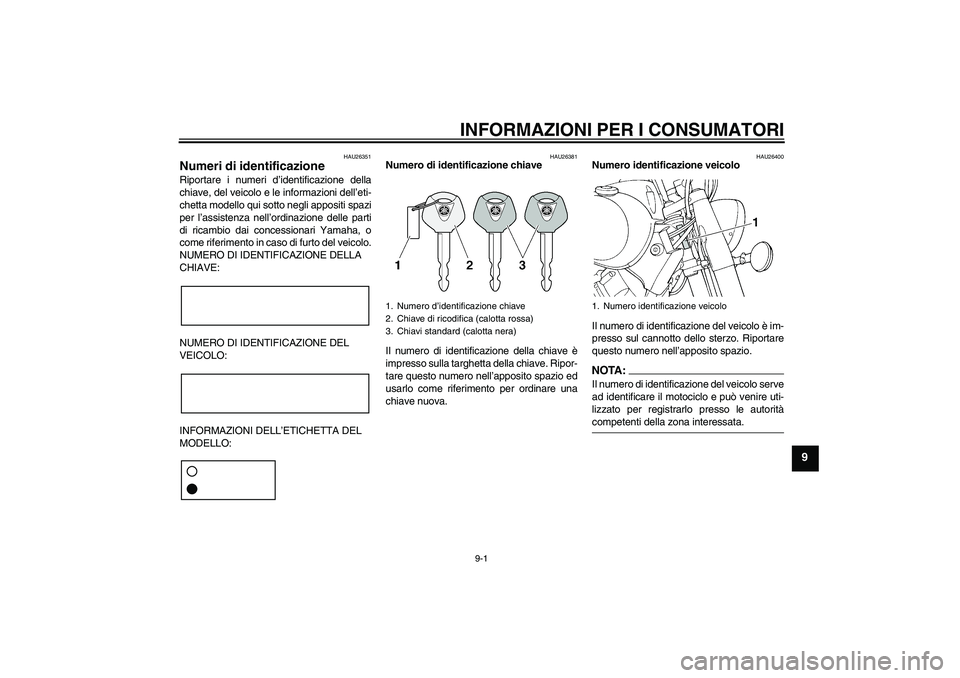 YAMAHA XVS650A 2006  Manuale duso (in Italian) INFORMAZIONI PER I CONSUMATORI
9-1
9
HAU26351
Numeri di identificazione Riportare i numeri d’identificazione della
chiave, del veicolo e le informazioni dell’eti-
chetta modello qui sotto negli ap
