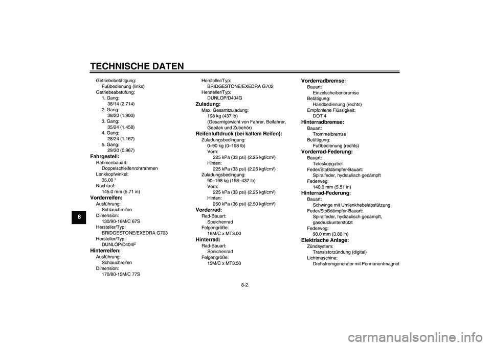 YAMAHA XVS650A 2005 Betriebsanleitungen (in German) TECHNISCHE DATEN
8-2
8
Getriebebetätigung:
Fußbedienung (links)
Getriebeabstufung:
1. Gang:
38/14 (2.714)
2. Gang:
38/20 (1.900)
3. Gang:
35/24 (1.458)
4. Gang:
28/24 (1.167)
5. Gang:
29/30 (0.967)F YAMAHA XVS650A 2005 Betriebsanleitungen (in German) TECHNISCHE DATEN
8-2
8
Getriebebetätigung:
Fußbedienung (links)
Getriebeabstufung:
1. Gang:
38/14 (2.714)
2. Gang:
38/20 (1.900)
3. Gang:
35/24 (1.458)
4. Gang:
28/24 (1.167)
5. Gang:
29/30 (0.967)F