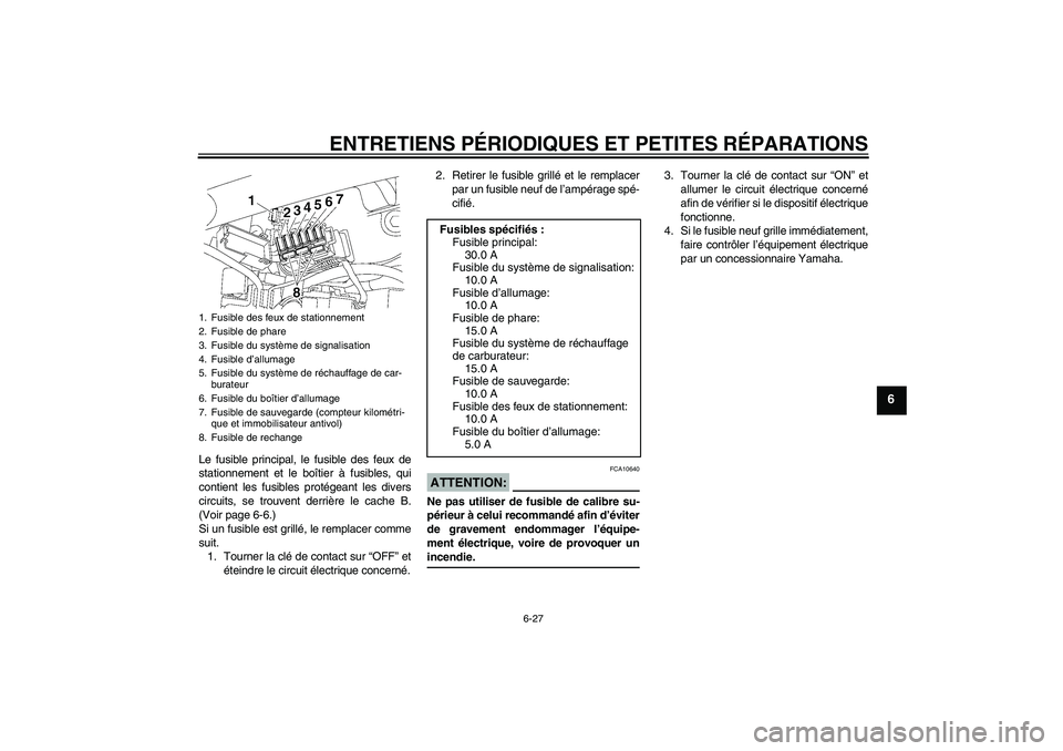 YAMAHA XVS650A 2005 Notices Demploi (in French) ENTRETIENS PÉRIODIQUES ET PETITES RÉPARATIONS
6-27
6
Le fusible principal, le fusible des feux de
stationnement et le boîtier à fusibles, qui
contient les fusibles protégeant les divers
circuits, YAMAHA XVS650A 2005 Notices Demploi (in French) ENTRETIENS PÉRIODIQUES ET PETITES RÉPARATIONS
6-27
6
Le fusible principal, le fusible des feux de
stationnement et le boîtier à fusibles, qui
contient les fusibles protégeant les divers
circuits,