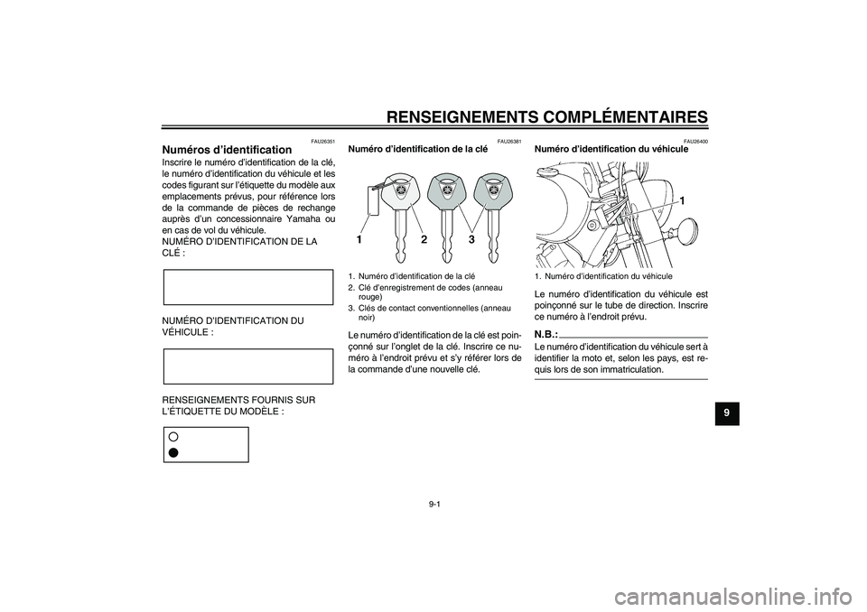 YAMAHA XVS650A 2005  Notices Demploi (in French) RENSEIGNEMENTS COMPLÉMENTAIRES
9-1
9
FAU26351
Numéros d’identification Inscrire le numéro d’identification de la clé,
le numéro d’identification du véhicule et les
codes figurant sur l’