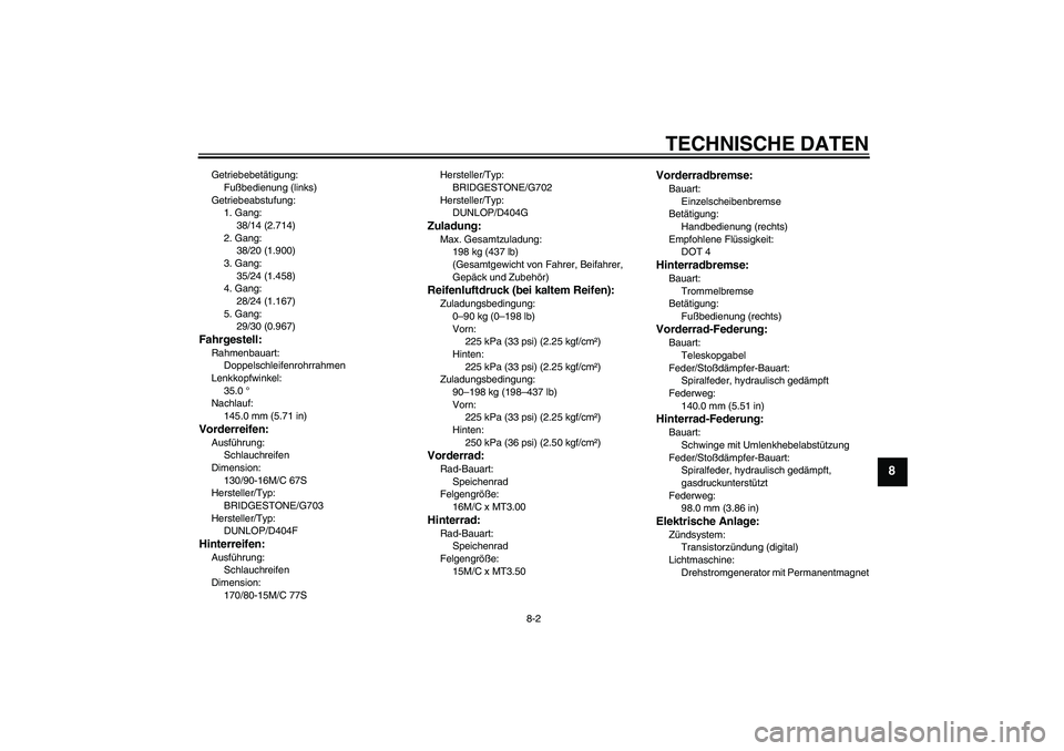 YAMAHA XVS650A 2004 Betriebsanleitungen (in German) TECHNISCHE DATEN
8-2
8
Getriebebetätigung:
Fußbedienung (links)
Getriebeabstufung:
1. Gang:
38/14 (2.714)
2. Gang:
38/20 (1.900)
3. Gang:
35/24 (1.458)
4. Gang:
28/24 (1.167)
5. Gang:
29/30 (0.967)F YAMAHA XVS650A 2004 Betriebsanleitungen (in German) TECHNISCHE DATEN
8-2
8
Getriebebetätigung:
Fußbedienung (links)
Getriebeabstufung:
1. Gang:
38/14 (2.714)
2. Gang:
38/20 (1.900)
3. Gang:
35/24 (1.458)
4. Gang:
28/24 (1.167)
5. Gang:
29/30 (0.967)F