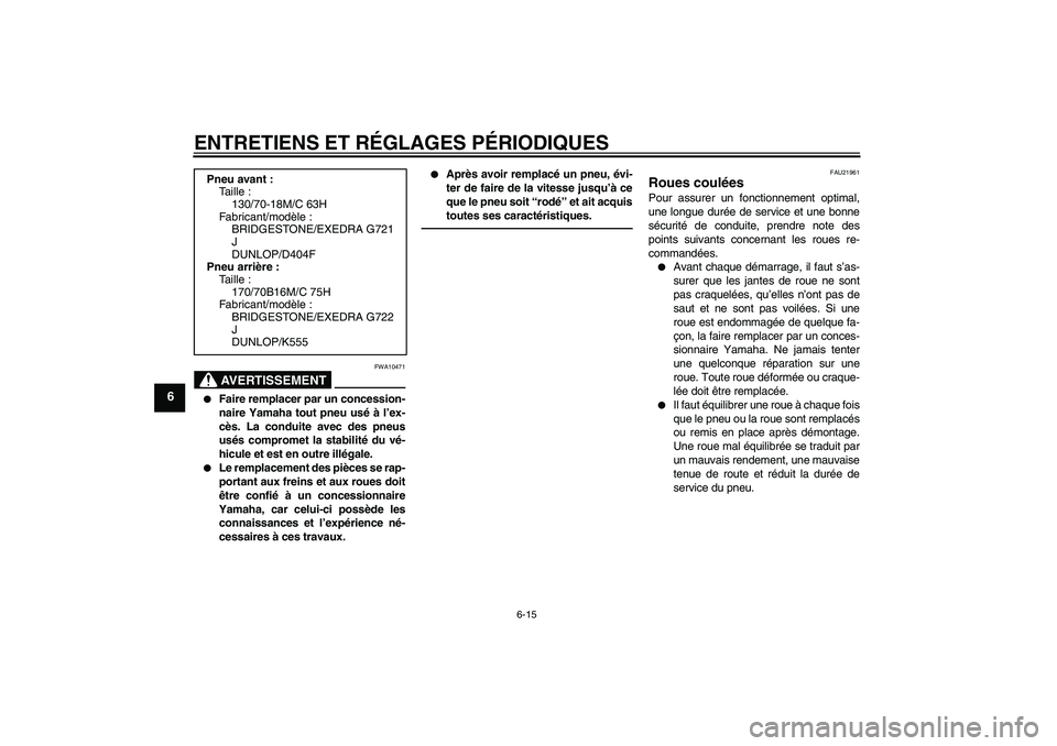 YAMAHA XVS950 2011 Notices Demploi (in French) ENTRETIENS ET RÉGLAGES PÉRIODIQUES
6-15
6
AVERTISSEMENT
FWA10471
Faire remplacer par un concession-
naire Yamaha tout pneu usé à l’ex-
cès. La conduite avec des pneus
usés compromet la stabi YAMAHA XVS950 2011 Notices Demploi (in French) ENTRETIENS ET RÉGLAGES PÉRIODIQUES
6-15
6
AVERTISSEMENT
FWA10471
Faire remplacer par un concession-
naire Yamaha tout pneu usé à l’ex-
cès. La conduite avec des pneus
usés compromet la stabi