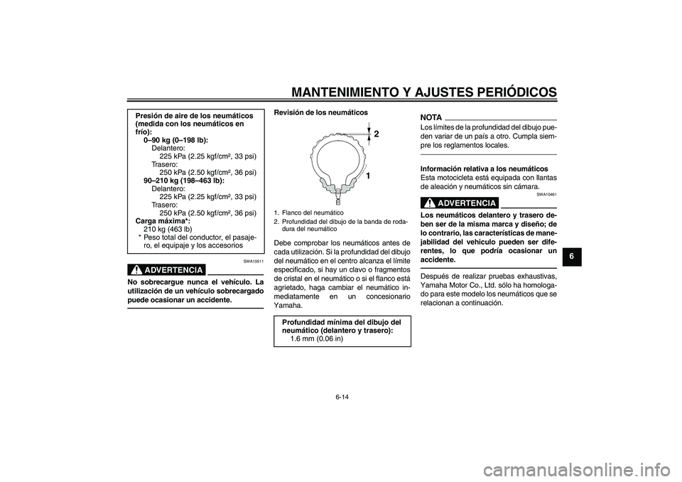 YAMAHA XVS950 2010  Manuale de Empleo (in Spanish) MANTENIMIENTO Y AJUSTES PERIÓDICOS
6-14
6
ADVERTENCIA
SWA10511
No sobrecargue nunca el vehículo. La
utilización de un vehículo sobrecargado
puede ocasionar un accidente.
Revisión de los neumátic