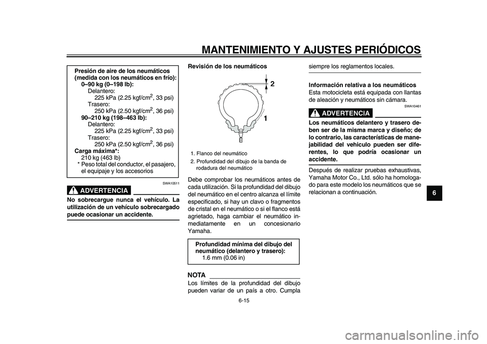 YAMAHA XVS950 2009  Manuale de Empleo (in Spanish)  
MANTENIMIENTO Y AJUSTES PERIÓDICOS 
6-15 
2
3
4
5
67
8
9
ADVERTENCIA
 
SWA10511 
No sobrecargue nunca el vehículo. La
utilización de un vehículo sobrecargado 
puede ocasionar un accidente.Revisi