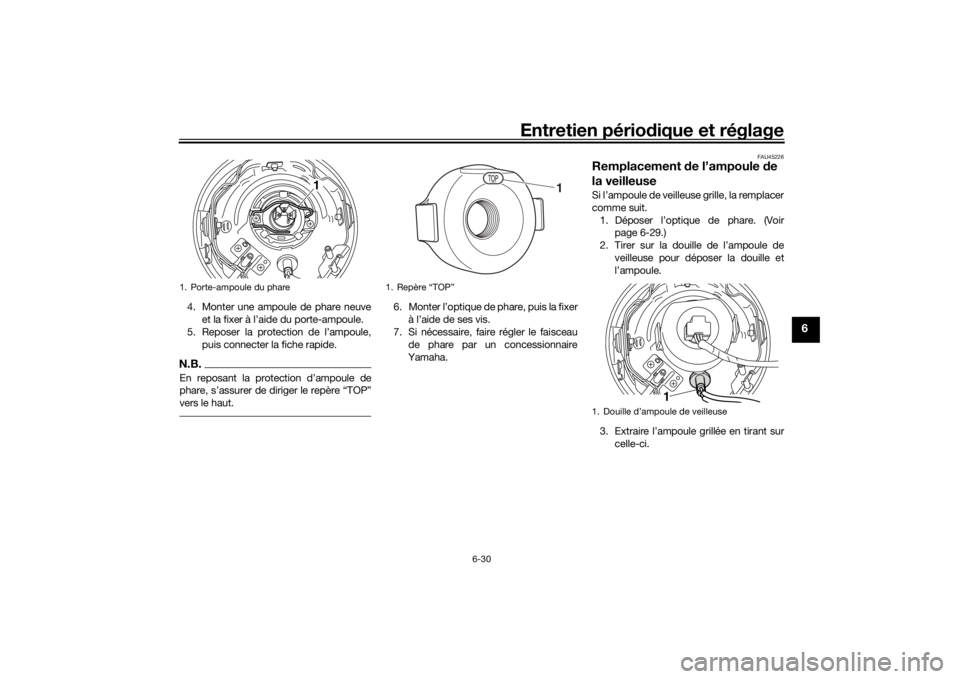 YAMAHA XVS950CU 2017  Notices Demploi (in French) Entretien périodique et réglage
6-30
6
4. Monter une ampoule de phare neuve
et la fixer à l’aide du porte-ampoule.
5. Reposer la protection de l’ampoule,
puis connecter la fiche rapide.N.B.En r