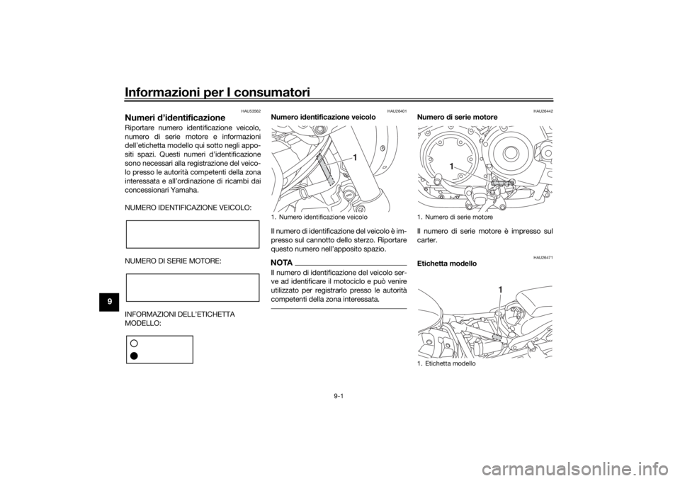 YAMAHA XVS950CU 2017  Manuale duso (in Italian) Informazioni per I consumatori
9-1
9
HAU53562
Numeri d’id entificazioneRiportare numero identificazione veicolo,
numero di serie motore e informazioni
dell’etichetta modello qui sotto negli appo-
