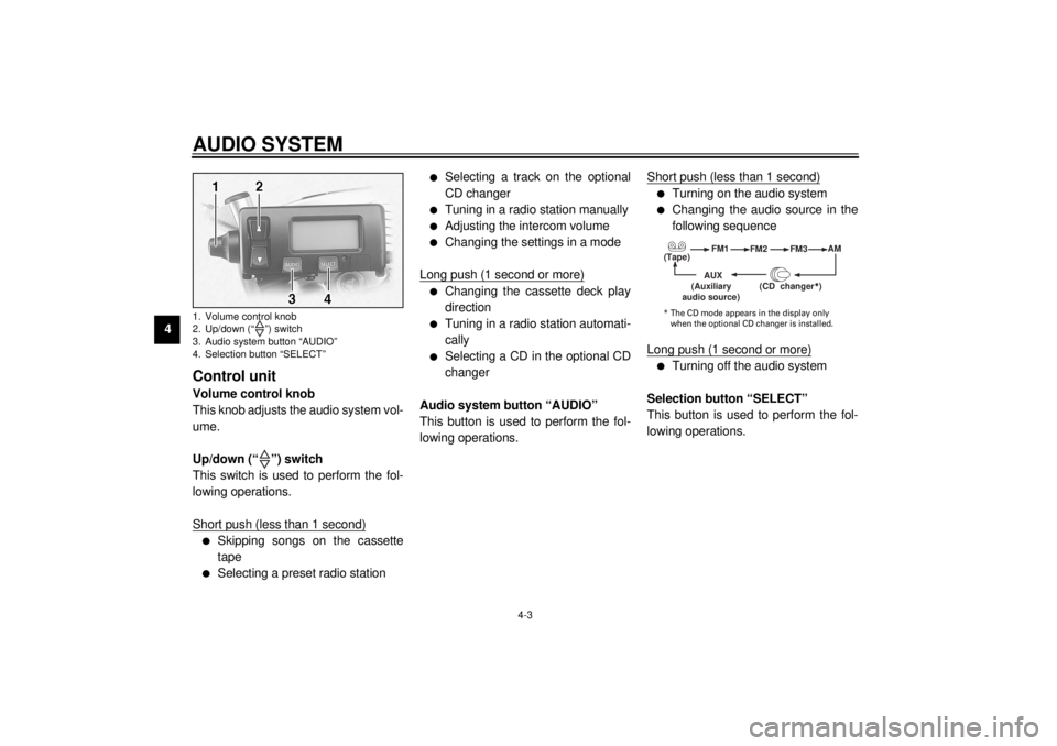YAMAHA XVZ1300TF 2000  Owners Manual AUDIO SYSTEM
4
lSkipping songs on the cassette
lChanging the cassette deck play
lTurning on the audio system
lTurning off the audio system
 (Tape)
(Auxiliary
* The CD mode appears in the display only 