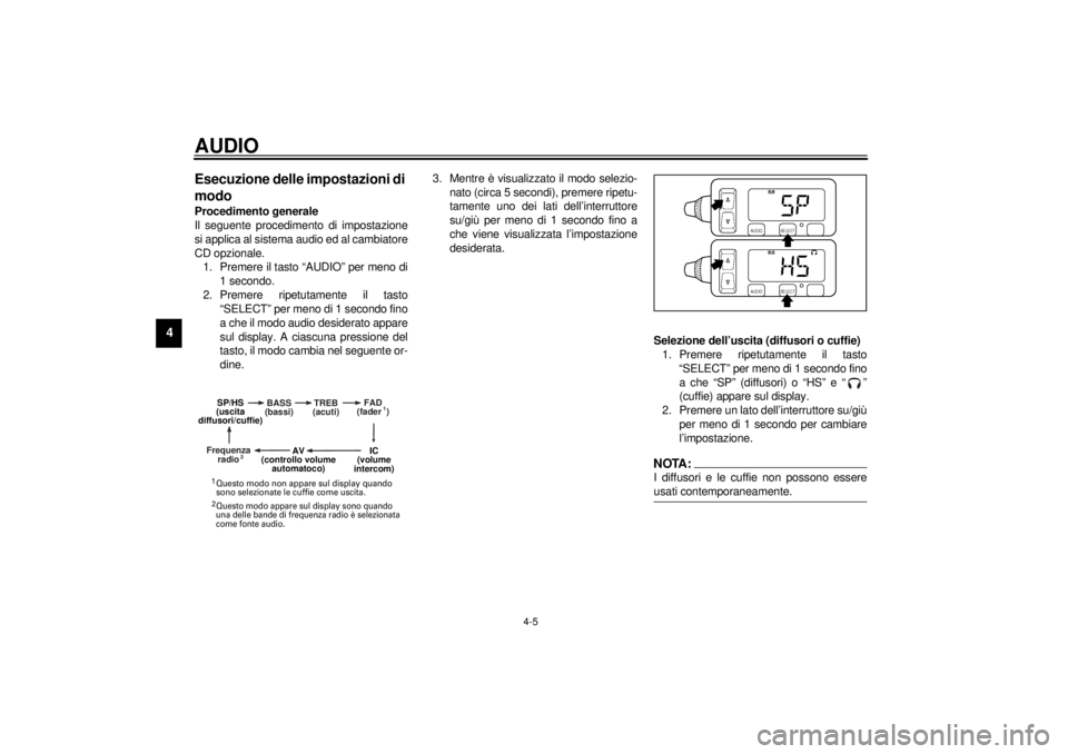 YAMAHA XVZ1300TF 2000  Manuale duso (in Italian) AUDIO
4-5
4
Esecuzione delle impostazioni di 
modoProcedimento generale
Il seguente procedimento di impostazione
si applica al sistema audio ed al cambiatore
CD opzionale.
1. Premere il tasto “AUDIO