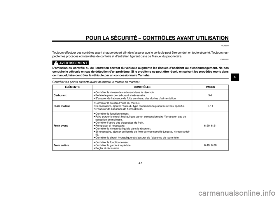 YAMAHA YBR125 2014 Notices Demploi (in French) POUR LA SÉCURITÉ – CONTRÔLES AVANT UTILISATION
4-1
4
FAU15598
Toujours effectuer ces contrôles avant chaque départ afin de s’assurer que le véhicule peut être conduit en toute sécurité. T YAMAHA YBR125 2014 Notices Demploi (in French) POUR LA SÉCURITÉ – CONTRÔLES AVANT UTILISATION
4-1
4
FAU15598
Toujours effectuer ces contrôles avant chaque départ afin de s’assurer que le véhicule peut être conduit en toute sécurité. T