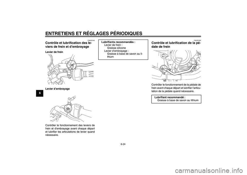 YAMAHA YBR125 2010  Notices Demploi (in French) ENTRETIENS ET RÉGLAGES PÉRIODIQUES
6-24
6
FAU23142
Contrôle et lubrification des le-
viers de frein et d’embrayage Levier de frein
Levier d’embrayage
Contrôler le fonctionnement des leviers de