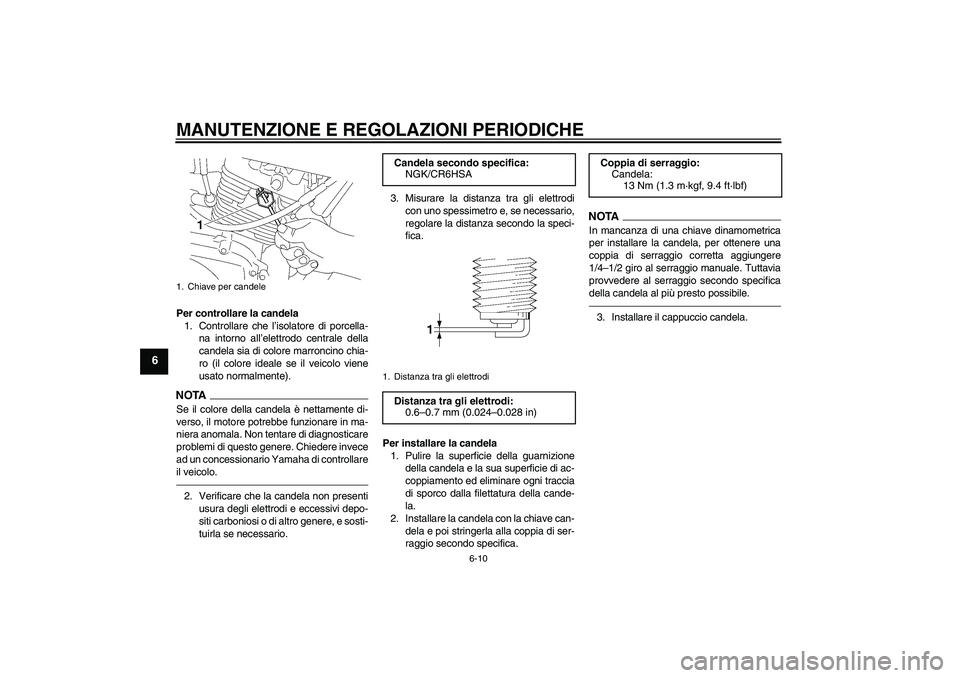 YAMAHA YBR125 2010 Manuale duso (in Italian) MANUTENZIONE E REGOLAZIONI PERIODICHE
6-10
6
Per controllare la candela
1. Controllare che l’isolatore di porcella-
na intorno all’elettrodo centrale della
candela sia di colore marroncino chia-
r YAMAHA YBR125 2010 Manuale duso (in Italian) MANUTENZIONE E REGOLAZIONI PERIODICHE
6-10
6
Per controllare la candela
1. Controllare che l’isolatore di porcella-
na intorno all’elettrodo centrale della
candela sia di colore marroncino chia-
r
