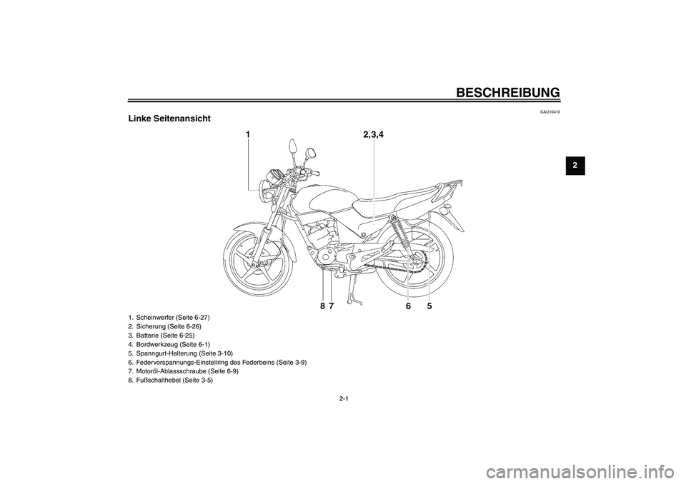 YAMAHA YBR125 2009  Betriebsanleitungen (in German) BESCHREIBUNG
2-1
2
GAU10410
Linke Seitenansicht1. Scheinwerfer (Seite 6-27)
2. Sicherung (Seite 6-26)
3. Batterie (Seite 6-25)
4. Bordwerkzeug (Seite 6-1)
5. Spanngurt-Halterung (Seite 3-10)
6. Federv
