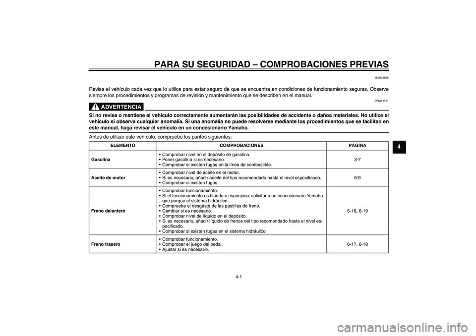 YAMAHA YBR125 2009 Manuale de Empleo (in Spanish) PARA SU SEGURIDAD – COMPROBACIONES PREVIAS
4-1
4
SAU15596
Revise el vehículo cada vez que lo utilice para estar seguro de que se encuentra en condiciones de funcionamiento seguras. Observe
siempre YAMAHA YBR125 2009 Manuale de Empleo (in Spanish) PARA SU SEGURIDAD – COMPROBACIONES PREVIAS
4-1
4
SAU15596
Revise el vehículo cada vez que lo utilice para estar seguro de que se encuentra en condiciones de funcionamiento seguras. Observe
siempre