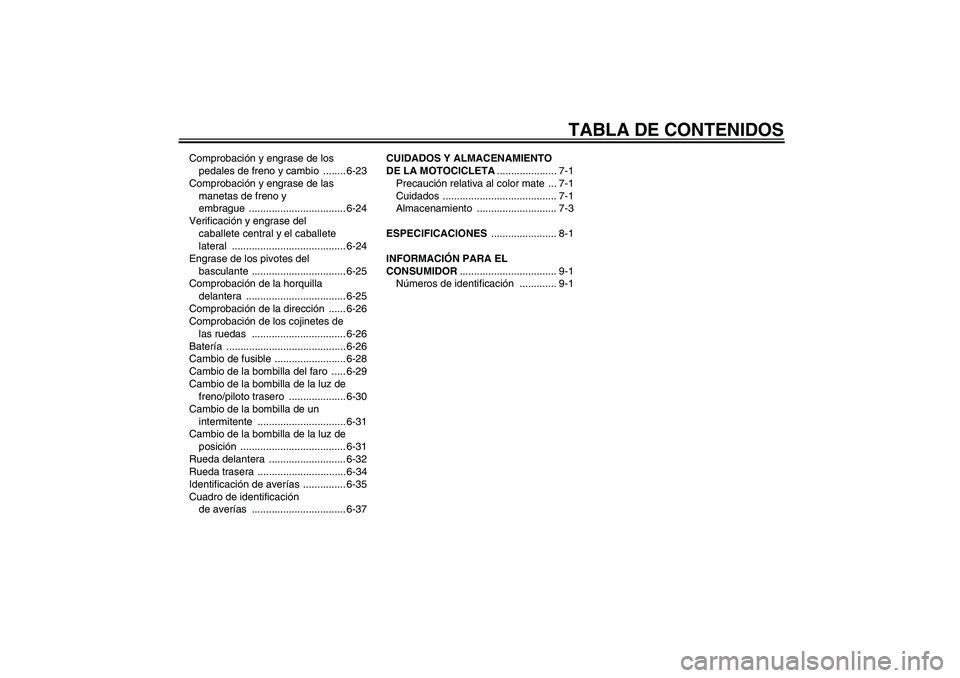 YAMAHA YBR125 2009 Manuale de Empleo (in Spanish) TABLA DE CONTENIDOS
Comprobación y engrase de los
pedales de freno y cambio ........ 6-23
Comprobación y engrase de las
manetas de freno y
embrague .................................. 6-24
Verifi YAMAHA YBR125 2009 Manuale de Empleo (in Spanish) TABLA DE CONTENIDOS
Comprobación y engrase de los
pedales de freno y cambio ........ 6-23
Comprobación y engrase de las
manetas de freno y
embrague .................................. 6-24
Verifi