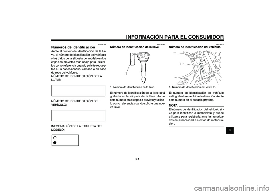 YAMAHA YBR125 2009 Manuale de Empleo (in Spanish) INFORMACIÓN PARA EL CONSUMIDOR
9-1
9
SAU26351
Números de identificación Anote el número de identificación de la lla-
ve, el número de identificación del vehículo
y los datos de la etiqueta del YAMAHA YBR125 2009 Manuale de Empleo (in Spanish) INFORMACIÓN PARA EL CONSUMIDOR
9-1
9
SAU26351
Números de identificación Anote el número de identificación de la lla-
ve, el número de identificación del vehículo
y los datos de la etiqueta del