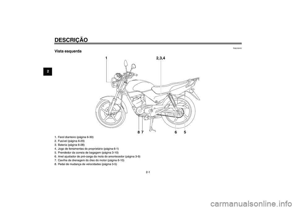 YAMAHA YBR125 2009  Manual de utilização (in Portuguese) DESCRIÇÃO
2-1
2
PAU10410
Vista esquerda1. Farol dianteiro (página 6-30)
2. Fusível (página 6-29)
3. Bateria (página 6-28)
4. Jogo de ferramentas do proprietário (página 6-1)
5. Prendedor da co