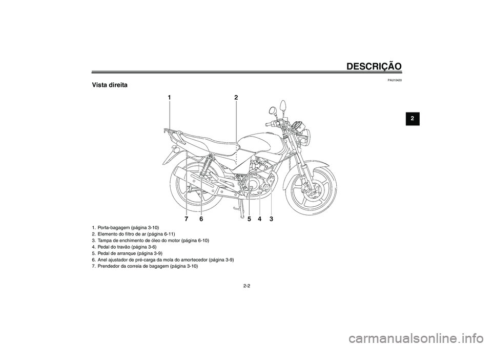 YAMAHA YBR125 2009  Manual de utilização (in Portuguese) DESCRIÇÃO
2-2
2
PAU10420
Vista direita1. Porta-bagagem (página 3-10)
2. Elemento do filtro de ar (página 6-11)
3. Tampa de enchimento de óleo do motor (página 6-10)
4. Pedal do travão (página 