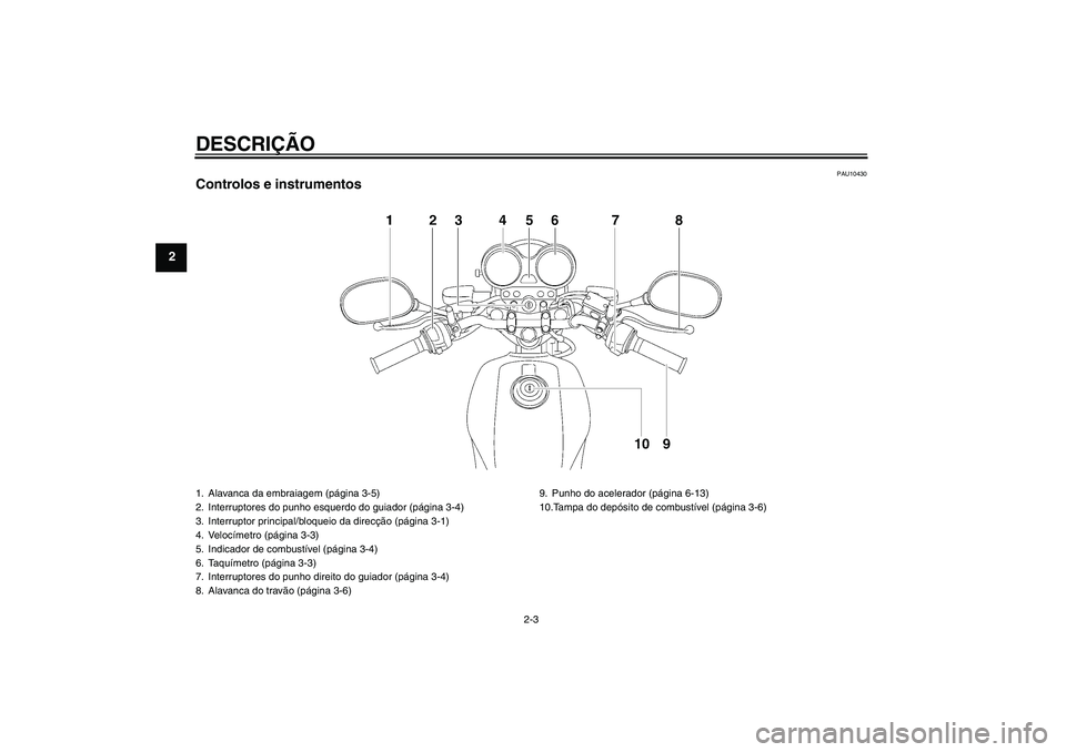 YAMAHA YBR125 2009  Manual de utilização (in Portuguese) DESCRIÇÃO
2-3
2
PAU10430
Controlos e instrumentos1. Alavanca da embraiagem (página 3-5)
2. Interruptores do punho esquerdo do guiador (página 3-4)
3. Interruptor principal/bloqueio da direcção (
