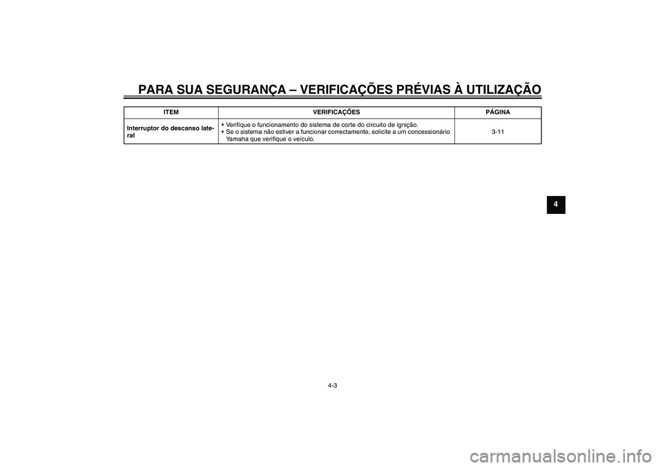 YAMAHA YBR125 2009  Manual de utilização (in Portuguese) PARA SUA SEGURANÇA – VERIFICAÇÕES PRÉVIAS À UTILIZAÇÃO
4-3
4
Interruptor do descanso late-
ral Verifique o funcionamento do sistema de corte do circuito de ignição.
Se o sistema não esti