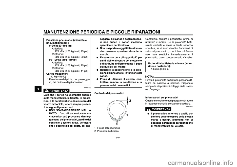 YAMAHA YBR125 2008 Manuale duso (in Italian) MANUTENZIONE PERIODICA E PICCOLE RIPARAZIONI
6-14
6
AVVERTENZA
HWA11020
Dato che il carico ha un impatto enorme
sulla manovrabilità, la frenata, le presta-
zioni e le caratteristiche di sicurezza del YAMAHA YBR125 2008 Manuale duso (in Italian) MANUTENZIONE PERIODICA E PICCOLE RIPARAZIONI
6-14
6
AVVERTENZA
HWA11020
Dato che il carico ha un impatto enorme
sulla manovrabilità, la frenata, le presta-
zioni e le caratteristiche di sicurezza del
