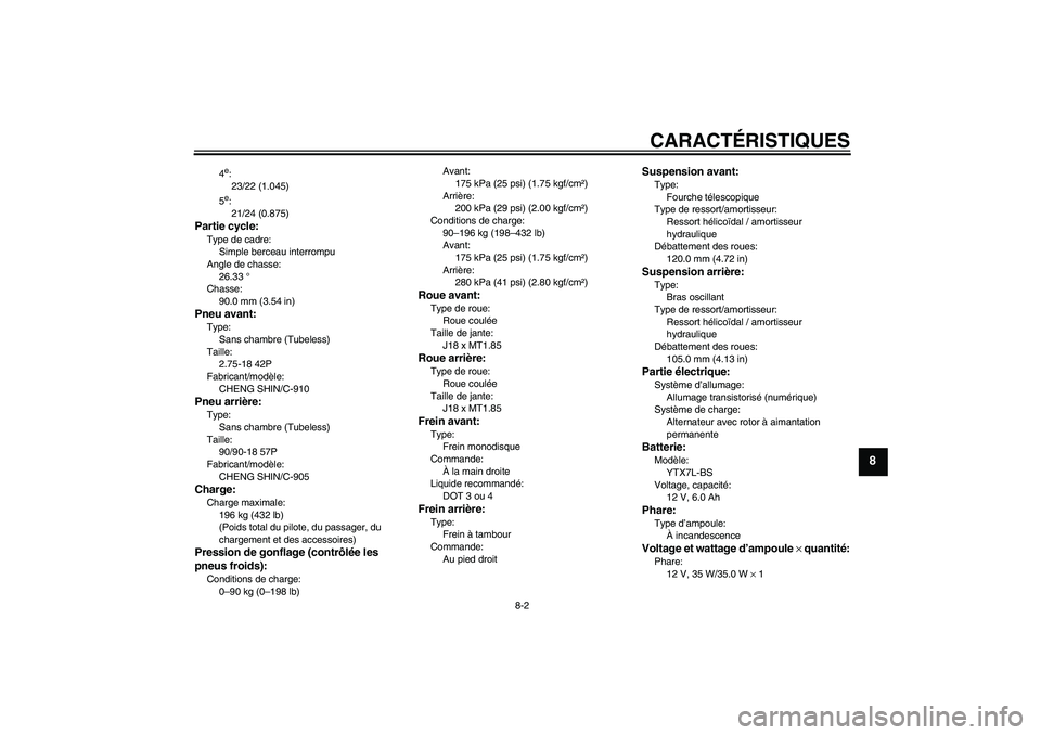 YAMAHA YBR125 2007 Notices Demploi (in French) CARACTÉRISTIQUES
8-2
8
4e:
23/22 (1.045)
5e:
21/24 (0.875)
Partie cycle:Type de cadre:
Simple berceau interrompu
Angle de chasse:
26.33 °
Chasse:
90.0 mm (3.54 in)Pneu avant:Type:
Sans chambre (Tube YAMAHA YBR125 2007 Notices Demploi (in French) CARACTÉRISTIQUES
8-2
8
4e:
23/22 (1.045)
5e:
21/24 (0.875)
Partie cycle:Type de cadre:
Simple berceau interrompu
Angle de chasse:
26.33 °
Chasse:
90.0 mm (3.54 in)Pneu avant:Type:
Sans chambre (Tube