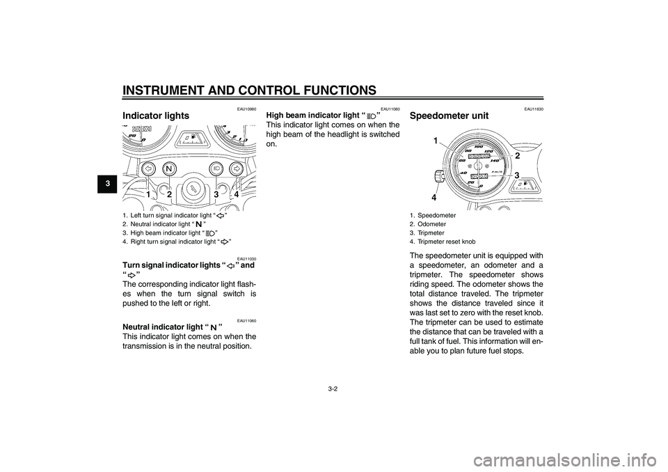 YAMAHA YBR125 2006 Owners Manual INSTRUMENT AND CONTROL FUNCTIONS
3-2
3
EAU10980
Indicator lights
EAU11030
Turn signal indicator lights “” and
“”
The corresponding indicator light flash-
es when the turn signal switch is
p YAMAHA YBR125 2006 Owners Manual INSTRUMENT AND CONTROL FUNCTIONS
3-2
3
EAU10980
Indicator lights
EAU11030
Turn signal indicator lights “” and
“”
The corresponding indicator light flash-
es when the turn signal switch is
p