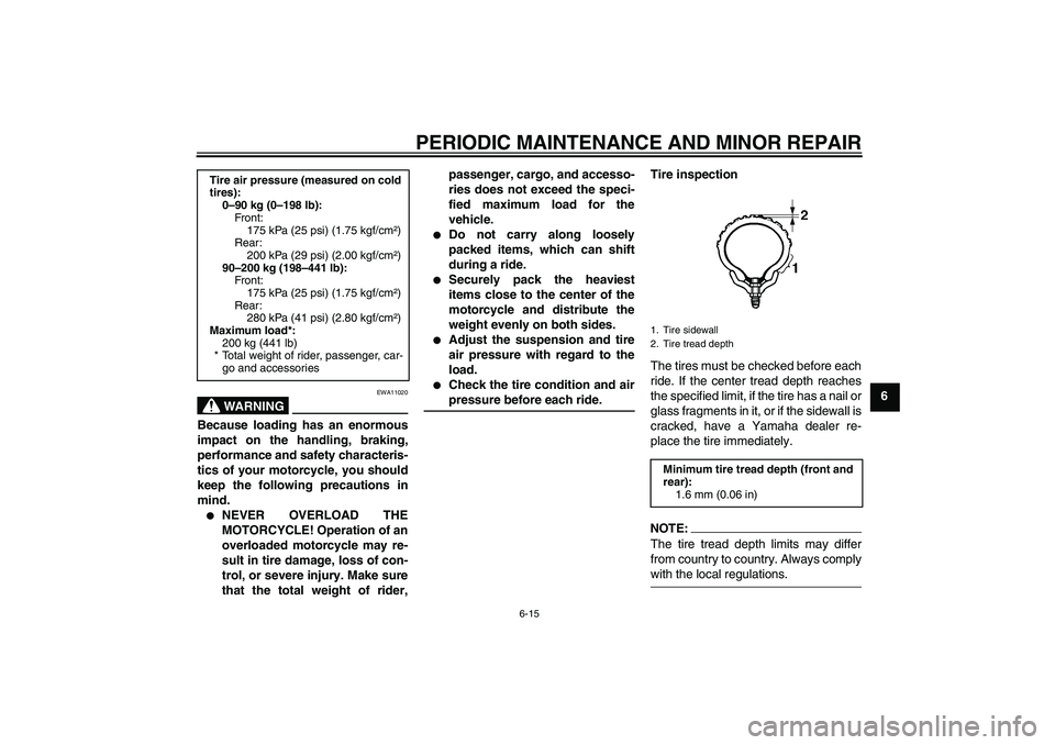 YAMAHA YBR125 2006 Owners Manual PERIODIC MAINTENANCE AND MINOR REPAIR
6-15
6
WARNING
EWA11020
Because loading has an enormous
impact on the handling, braking,
performance and safety characteris-
tics of your motorcycle, you should
k YAMAHA YBR125 2006 Owners Manual PERIODIC MAINTENANCE AND MINOR REPAIR
6-15
6
WARNING
EWA11020
Because loading has an enormous
impact on the handling, braking,
performance and safety characteris-
tics of your motorcycle, you should
k