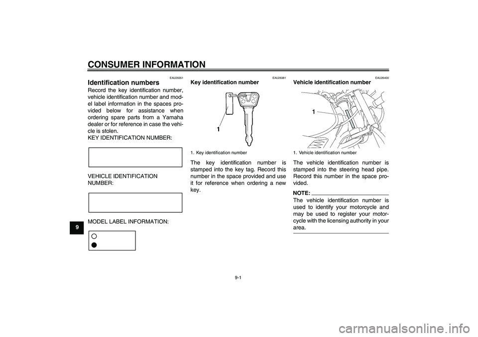 YAMAHA YBR125 2006  Owners Manual CONSUMER INFORMATION
9-1
9
EAU26351
Identification numbers Record the key identification number,
vehicle identification number and mod-
el label information in the spaces pro-
vided below for assistan