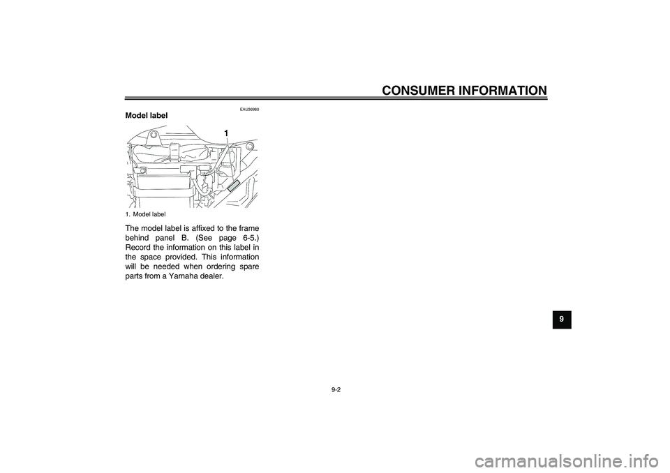 YAMAHA YBR125 2006  Owners Manual CONSUMER INFORMATION
9-2
9
EAU36980
Model label 
The model label is affixed to the frame
behind panel B. (See page 6-5.)
Record the information on this label in
the space provided. This information
wi