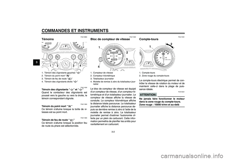YAMAHA YBR125 2006 Notices Demploi (in French) COMMANDES ET INSTRUMENTS
3-2
3
FAU10980
Témoins
FAU11030
Témoin des clignotants “” et “”
Quand le contacteur des clignotants est
poussé vers la gauche ou vers la droite, le
témoin corres YAMAHA YBR125 2006 Notices Demploi (in French) COMMANDES ET INSTRUMENTS
3-2
3
FAU10980
Témoins
FAU11030
Témoin des clignotants “” et “”
Quand le contacteur des clignotants est
poussé vers la gauche ou vers la droite, le
témoin corres