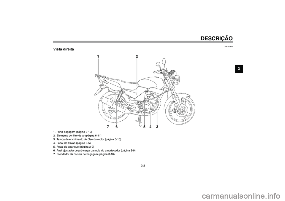 YAMAHA YBR125 2006  Manual de utilização (in Portuguese) DESCRIÇÃO
2-2
2
PAU10420
Vista direita1. Porta-bagagem (página 3-10)
2. Elemento do filtro de ar (página 6-11)
3. Tampa de enchimento de óleo do motor (página 6-10)
4. Pedal do travão (página 