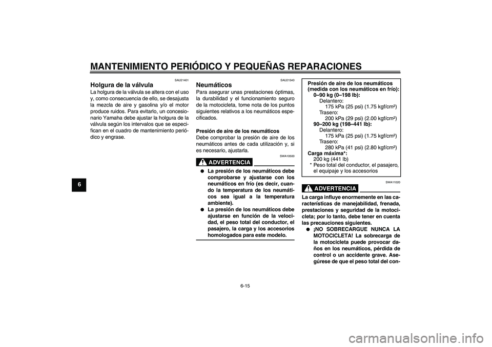 YAMAHA YBR125 2005 Manuale de Empleo (in Spanish) MANTENIMIENTO PERIÓDICO Y PEQUEÑAS REPARACIONES
6-15
6
SAU21401
Holgura de la válvula La holgura de la válvula se altera con el uso
y, como consecuencia de ello, se desajusta
la mezcla de aire y g YAMAHA YBR125 2005 Manuale de Empleo (in Spanish) MANTENIMIENTO PERIÓDICO Y PEQUEÑAS REPARACIONES
6-15
6
SAU21401
Holgura de la válvula La holgura de la válvula se altera con el uso
y, como consecuencia de ello, se desajusta
la mezcla de aire y g