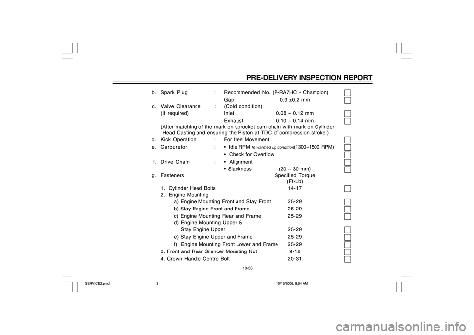 YAMAHA YD110 2007  Owners Manual b. Spark Plug :Recommended No. (P-RA7HC - Champion)
Gap 0.9 ±0.2 mm
c. Valve Clearance : (Cold condition)
(If required) Inlet0.08 ~ 0.12 mm
Exhaust0.10 ~ 0.14 mm
(After matching of the mark on sprock