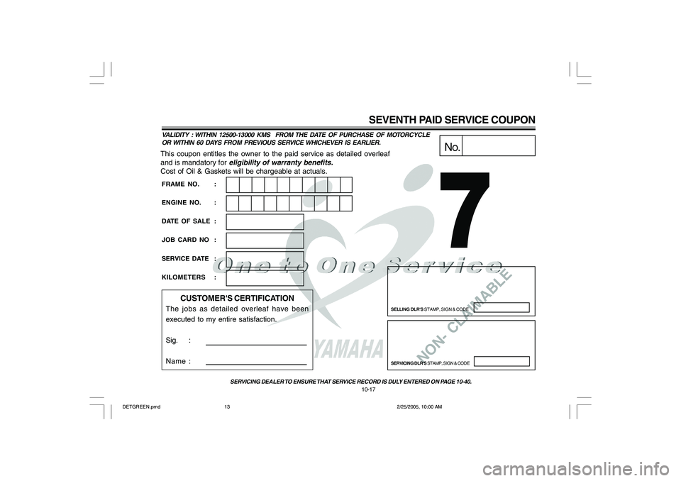 YAMAHA YD110 2005  Owners Manual NON- CLAIMABLE
This coupon entitles the owner to the paid service as detailed overleaf
and is mandatory for 
eligibility of warranty benefits.
Cost of Oil & Gaskets will be chargeable at actuals.
No.
