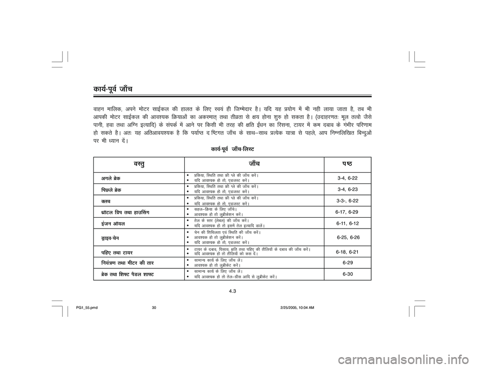 YAMAHA YD110 2005  Owners Manual 4.3
dk;Z&iwoZ tk¡pokgu ekfyd] vius e¨Vj lkbZdy dh gkyr ds fy, Lo;a gh ftEesnkj gSA ;fn ;g ç;¨x esa Hkh ugh yk;k tkrk gS] rc Hkh
vkidh e¨Vj lkbZdy dh vko;d fØ;kv¨a dk vdLekr~ rFkk rhozrk ls {k;