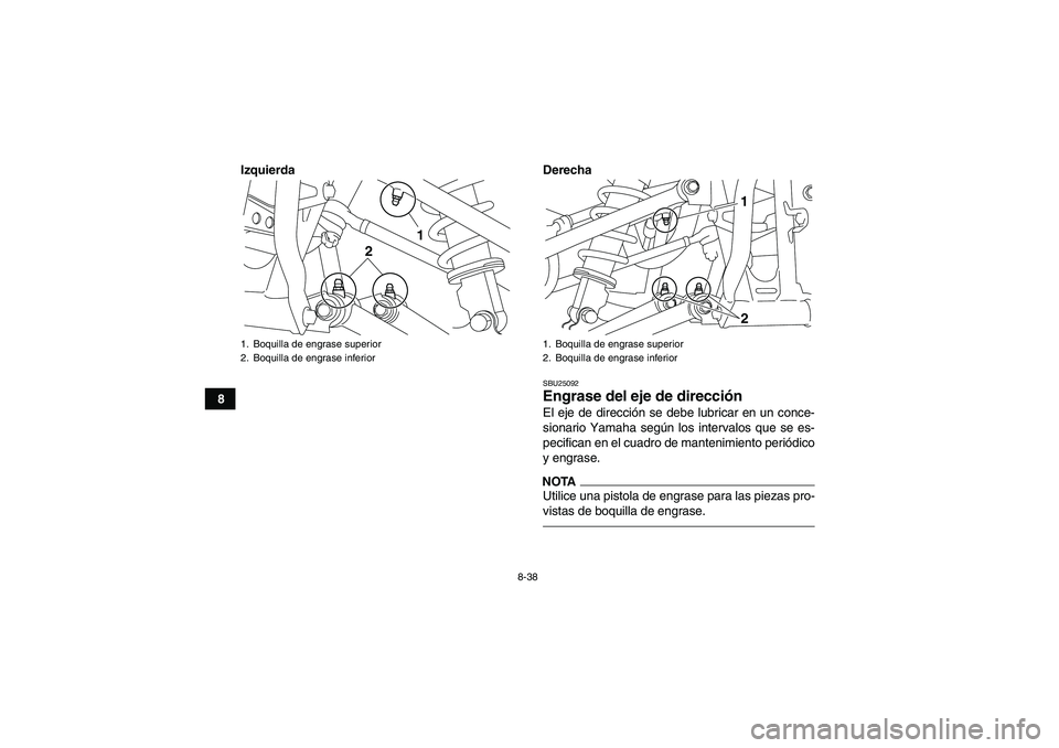 YAMAHA YFM250R 2011  Manuale de Empleo (in Spanish) 8-38
8Izquierda Derecha
SBU25092Engrase del eje de dirección El eje de dirección se debe lubricar en un conce-
sionario Yamaha según los intervalos que se es-
pecifican en el cuadro de mantenimient