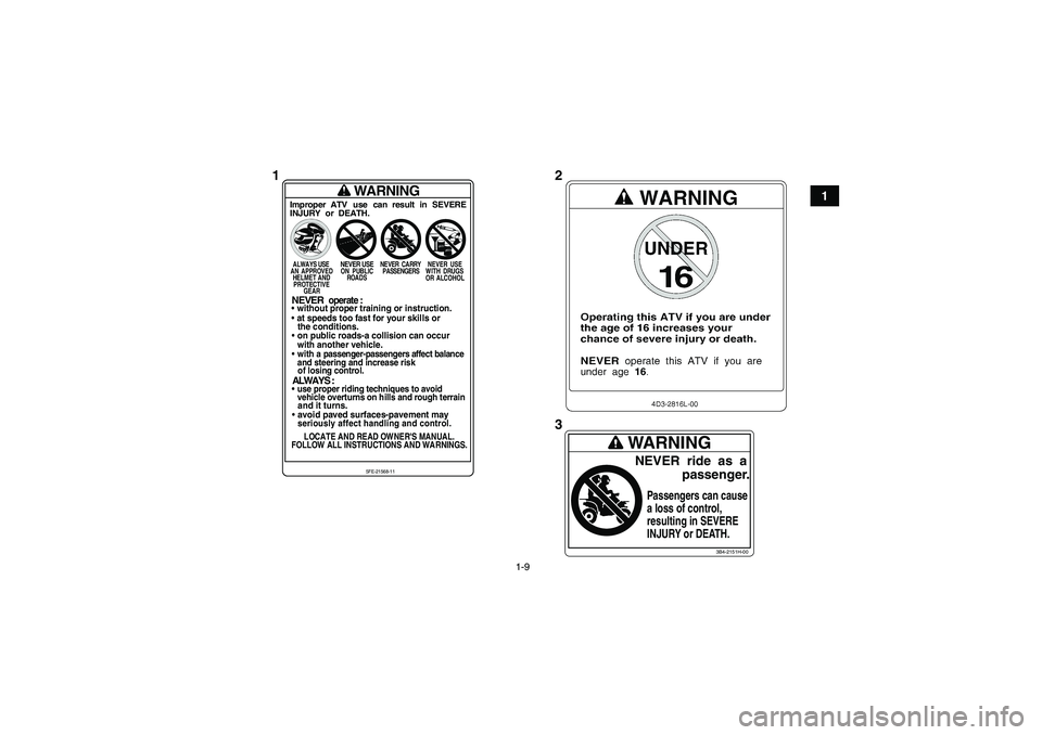 YAMAHA YFM250R 2011  Manuale de Empleo (in Spanish) 1-9
1
3B4-2151H-00
WARNINGNEVER  ride  as  a
             passenger.Passengers can cause
a loss of control,
resulting in SEVERE
INJURY or DEATH.
WARNING
Improper ATV use can result in SEVERE
INJURY or
