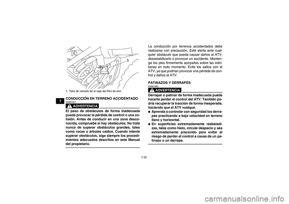 YAMAHA YFM250R 2010 Manuale de Empleo (in Spanish) 7-22
7CONDUCCIÓN EN TERRENO ACCIDENTADO
ADVERTENCIA
SWB01651El paso de obstáculos de forma inadecuada
puede provocar la pérdida de control o una co-
lisión. Antes de conducir en una zona desco-
no YAMAHA YFM250R 2010 Manuale de Empleo (in Spanish) 7-22
7CONDUCCIÓN EN TERRENO ACCIDENTADO
ADVERTENCIA
SWB01651El paso de obstáculos de forma inadecuada
puede provocar la pérdida de control o una co-
lisión. Antes de conducir en una zona desco-
no