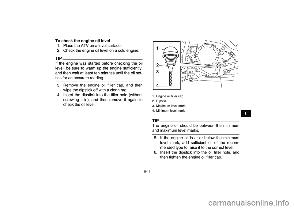 YAMAHA YFM250R 2009  Owners Manual  
8-11 
1
2
3
4
5
6
78
9
10
11
 
To check the engine oil level 
1. Place the ATV on a level surface.
2. Check the engine oil level on a cold engine.
TIP
 
If the engine was started before checking the