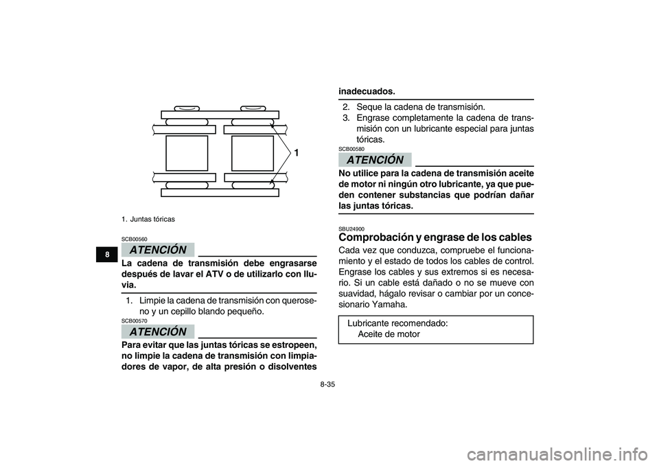 YAMAHA YFM250R 2009 Manuale de Empleo (in Spanish)
8-35
1
2
3
4
5
6
78
9
10
11
ATENCIÓN
SCB00560
La cadena de transmisión debe engrasarse
después de lavar el ATV o de utilizarlo con llu-
via.
1. Limpie la cadena de transmisión con queros YAMAHA YFM250R 2009 Manuale de Empleo (in Spanish)
8-35
1
2
3
4
5
6
78
9
10
11
ATENCIÓN
SCB00560
La cadena de transmisión debe engrasarse
después de lavar el ATV o de utilizarlo con llu-
via.
1. Limpie la cadena de transmisión con queros
