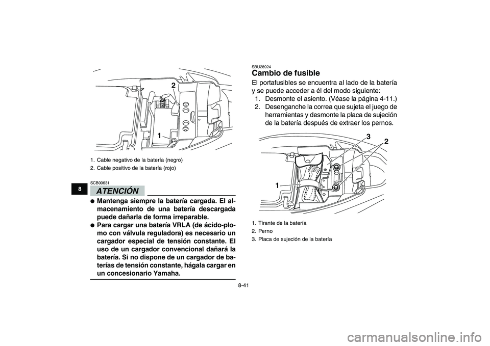 YAMAHA YFM250R 2009  Manuale de Empleo (in Spanish)  
8-41 
1
2
3
4
5
6
78
9
10
11
ATENCIÓN 
 
SCB00631  
 
Mantenga siempre la batería cargada. El al-
macenamiento de una batería descargada
puede dañarla de forma irreparable. 
 
Para cargar una 
