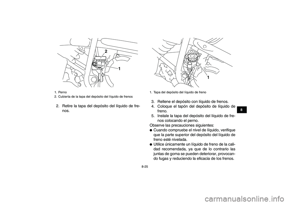 YAMAHA YFM250R 2008  Manuale de Empleo (in Spanish)  
8-25 
1
2
3
4
5
6
78
9
10
11
 
2. Retire la tapa del depósito del líquido de fre-
nos.3. Rellene el depósito con líquido de frenos.
4. Coloque el tapón del depósito de líquido de
freno.
5. In