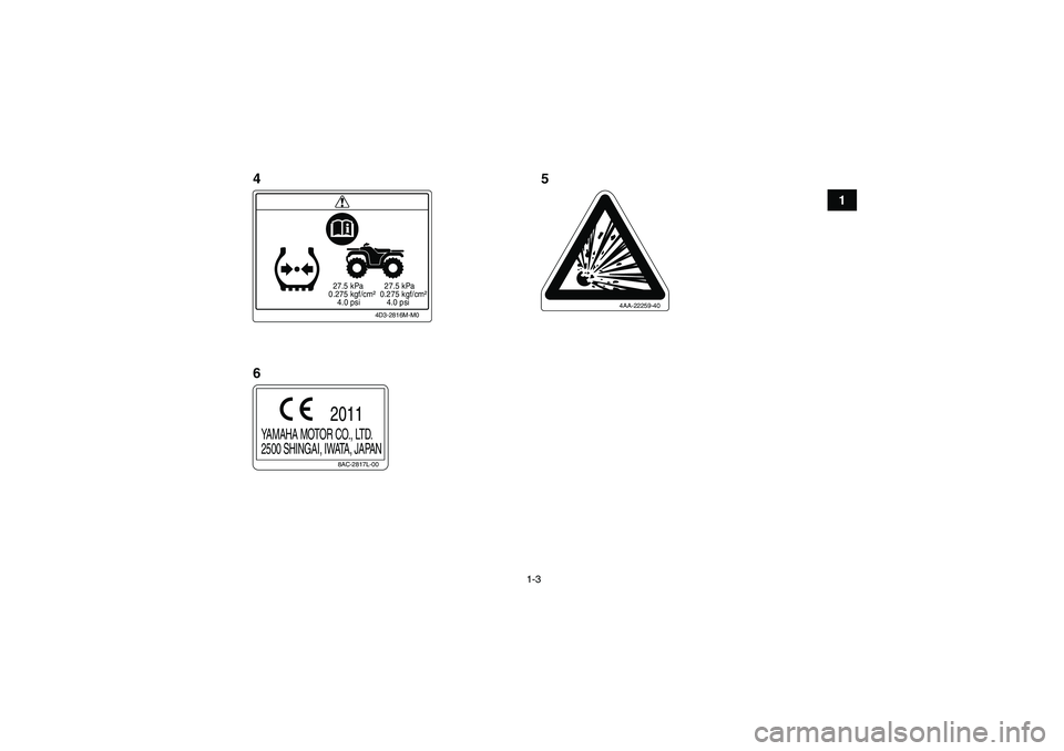 YAMAHA YFM250R-W 2012  Owners Manual 1-3
1
  27.5 kPa
0.275 kgf/cm²
    4.0 psi  27.5 kPa
0.275 kgf/cm²
   4.0 psi
4D3-2816M-M0
4AA-22259-40
8AC-2817L-00
YAMAHA MOTOR CO., LTD.
2500 SHINGAI, IWATA, JAPAN
2011
45
6
U33B71E0.book  Page 3