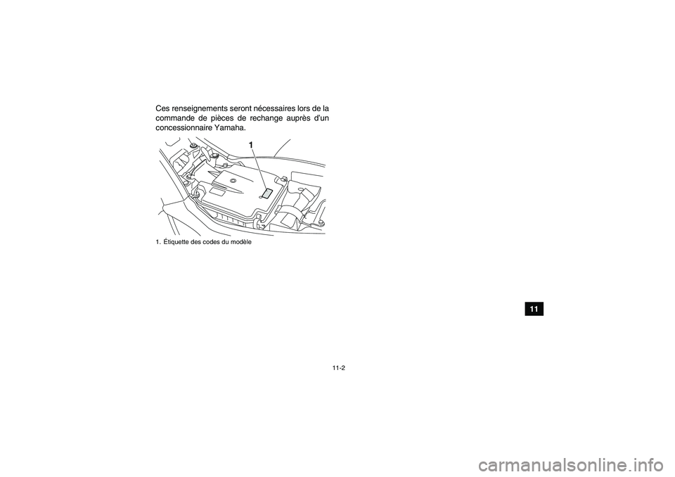 YAMAHA YFM250R-W 2012  Notices Demploi (in French) 11-2
11 Ces renseignements seront nécessaires lors de la
commande de pièces de rechange auprès d’un
concessionnaire Yamaha.
1.Étiquette des codes du modèle
1
U33B71F0.book  Page 2  Wednesday, A