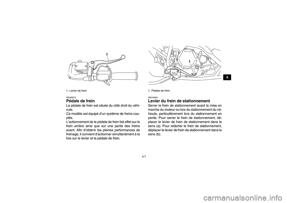 YAMAHA YFM250R-W 2012  Notices Demploi (in French) 4-7
4
FBU28070Pédale de frein La pédale de frein est située du côté droit du véhi-
cule.
Ce modèle est équipé d’un système de freins cou-
plés.
L’actionnement de la pédale de frein fai