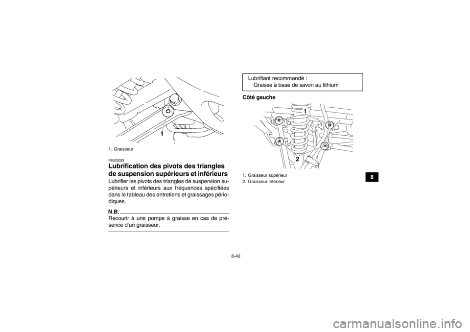 YAMAHA YFM350R 2013  Notices Demploi (in French) 8-40
8
FBU25033Lubrification des pivots des triangles 
de suspension supérieurs et inférieurs Lubrifier les pivots des triangles de suspension su-
périeurs et inférieurs aux fréquences spécifié
